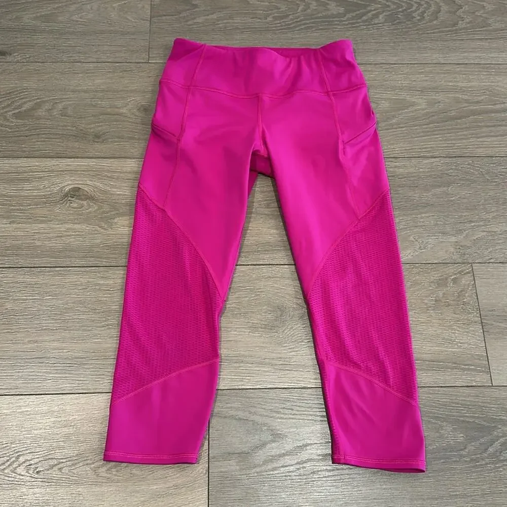 ATHLETA‎ Electric Fuchsia Mesh Contender High Rise Active Gym Yoga Run Capri S